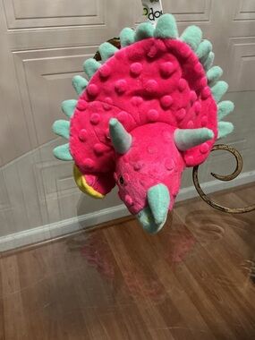 goDog Dinos Frills Squeaky Plush Dog Toy, Chew Guard Technology-Pink, Large 16”